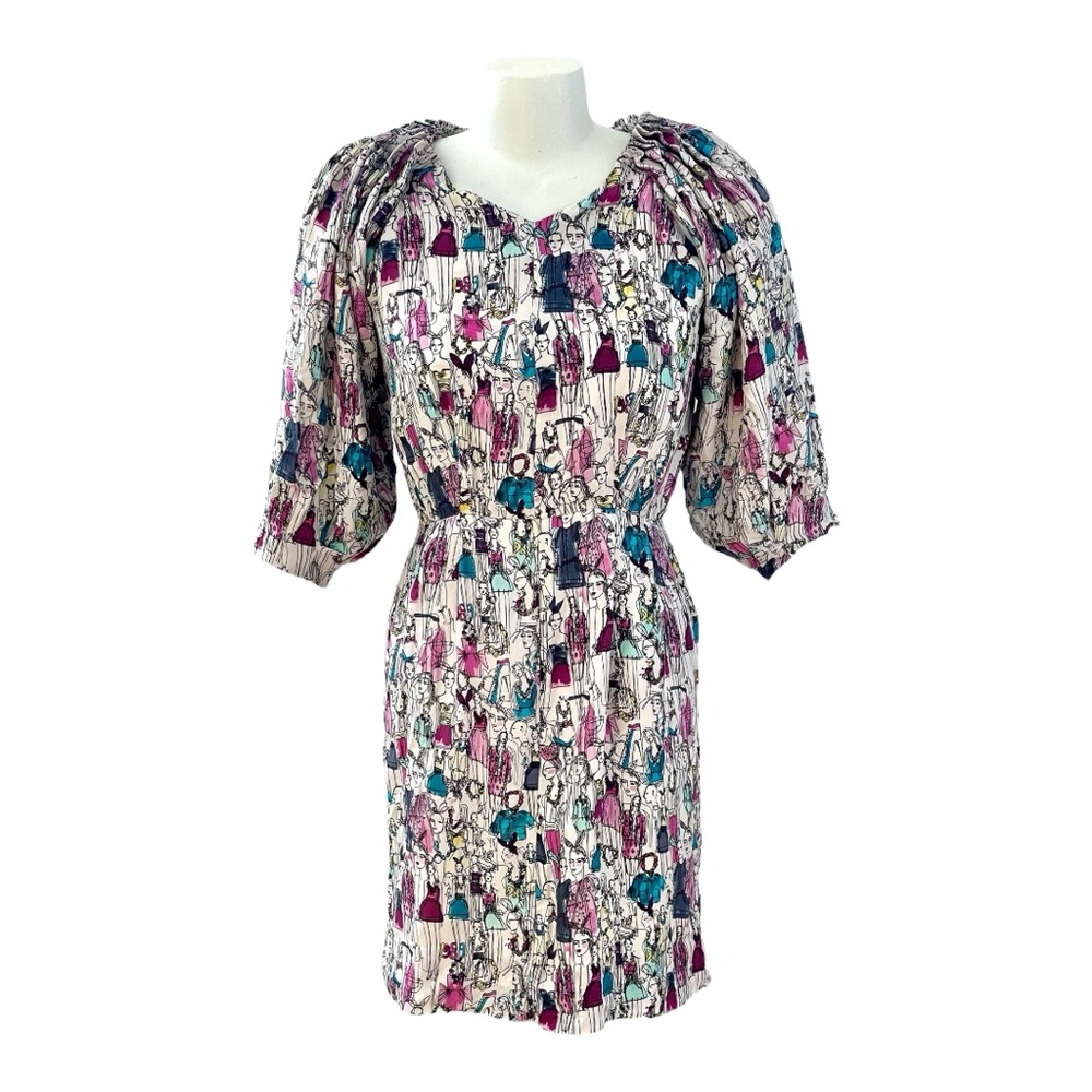 DKNY 100%Silk Structured Frilled Shoulders Dress Paris City Pattern Size 2